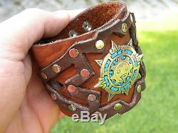 High Quality Bison Leather cuff Bracelet silver inlay Aztec calendar men