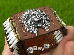 High Quality Bracelet Sterling silver Indian chief shells Bison leather