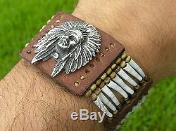 High Quality Bracelet Sterling silver Indian chief shells Bison leather