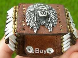 High Quality Bracelet Sterling silver Indian chief shells Bison leather