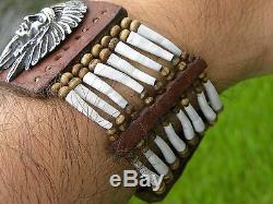 High Quality Bracelet Sterling silver Indian chief shells Bison leather