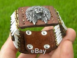 High Quality Bracelet Sterling silver Indian chief shells Bison leather