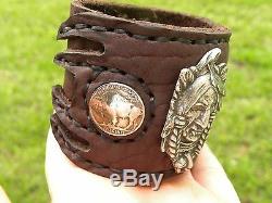 High Quality Indian Nickel coin Men cuff large bracelet Bison leather nice gift