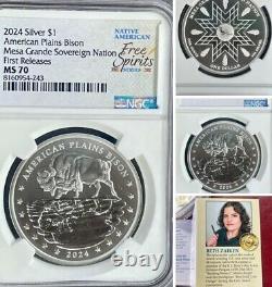 Incuse Sculpt First Nations Bison? Mesa Grande 2024 1oz. 999 Silver NGC MS70