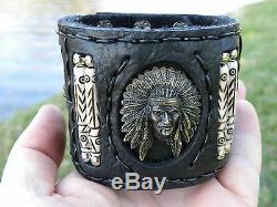 Indian Chief cuff Ketoh Bracelet black Bison leather motorcycle biker wristband
