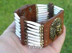 Indian Chief pendant cuff bracelet good luck dentalium shells Bison leather
