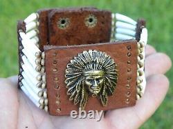 Indian Chief pendant cuff bracelet good luck dentalium shells Bison leather