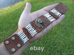 Indian Chief pendant cuff bracelet good luck dentalium shells Bison leather