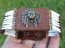 Indian Chief pendant cuff bracelet good luck dentalium shells Bison leather