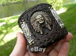 Indian chief cuff Bracelet High Quality Buffalo Bison leather biker wristband