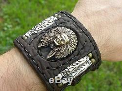 Indian chief cuff Bracelet High Quality Buffalo Bison leather biker wristband