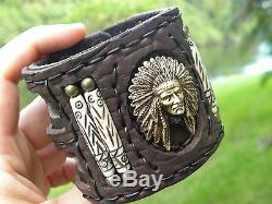 Indian chief cuff Bracelet High Quality Buffalo Bison leather biker wristband
