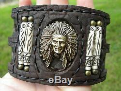 Indian chief cuff Bracelet High Quality Buffalo Bison leather biker wristband