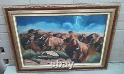 J. B. Todd Signed Oil Painting On Canvas Nude Buffalo Bison Stampede MCM Western