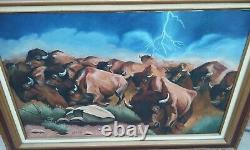 J. B. Todd Signed Oil Painting On Canvas Nude Buffalo Bison Stampede MCM Western