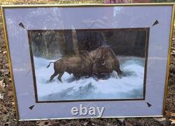 JAMES R. FALLIER AWS Original Watercolor Buffalo Battle Wildlife Western Art
