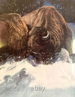 JAMES R. FALLIER AWS Original Watercolor Buffalo Battle Wildlife Western Art