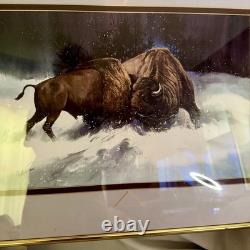 JAMES R. FALLIER AWS Original Watercolor Buffalo Battle Wildlife Western Art