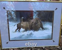 JAMES R. FALLIER AWS Original Watercolor Buffalo Battle Wildlife Western Art