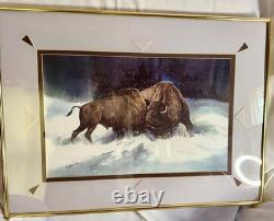JAMES R. FALLIER AWS Original Watercolor Buffolo Battle Wildlife Western Art