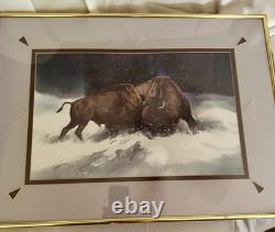 JAMES R. FALLIER AWS Original Watercolor Buffolo Battle Wildlife Western Art