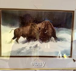 JAMES R. FALLIER AWS Original Watercolor Buffolo Battle Wildlife Western Art