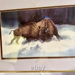 JAMES R. FALLIER AWS Original Watercolor Buffolo Battle Wildlife Western Art