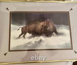JAMES R. FALLIER AWS Original Watercolor Buffolo Battle Wildlife Western Art