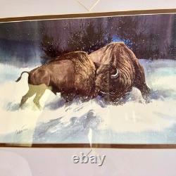 JAMES R. FALLIER AWS Original Watercolor Buffolo Battle Wildlife Western Art