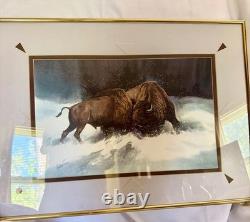 JAMES R. FALLIER AWS Original Watercolor Buffolo Battle Wildlife Western Art