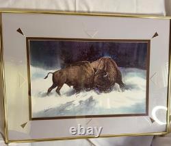 JAMES R. FALLIER AWS Original Watercolor Buffolo Battle Wildlife Western Art