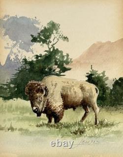 Jim Lewis Painting Buffalo Bison Landscape Washington Vintage Alone
