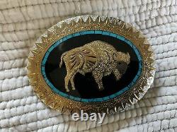 Johnson & Held Belt Buckle with Bison and inlaid Turquoise