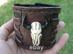 Ketoh adjustable bracelet cuff genuine Bison leather bone Bull skull horn