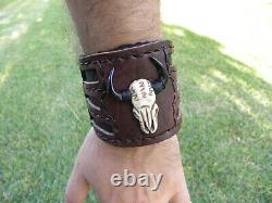 Ketoh adjustable bracelet cuff genuine Bison leather bone Bull skull horn