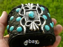 Ketoh turquoise gemstone cuff bracelet Bison leather biker customize to wrist