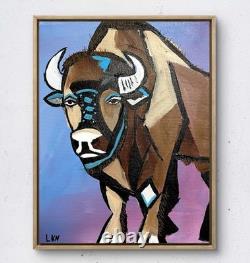 Laeknapes Expressionist Bison Art Original Abstract Painting 14X11 Canvas Home