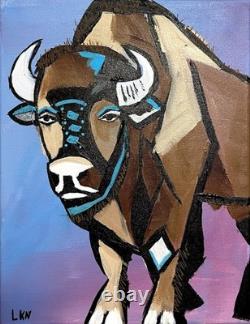 Laeknapes Expressionist Bison Art Original Abstract Painting 14X11 Canvas Home