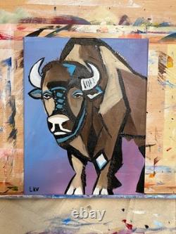 Laeknapes Expressionist Bison Art Original Abstract Painting 14X11 Canvas Home