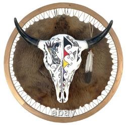Lakota Sioux Painted Buffalo Bison Skull on Tanned Beaver