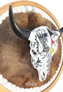Lakota Sioux Painted Buffalo Bison Skull on Tanned Beaver