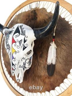 Lakota Sioux Painted Buffalo Bison Skull on Tanned Beaver