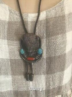 Large 92.6 Gram Old Vintage Navajo Turquoise/ Coral Bison Sterling Bolo Signed