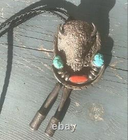 Large 92.6 Gram Old Vintage Navajo Turquoise/ Coral Bison Sterling Bolo Signed