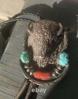 Large 92.6 Gram Old Vintage Navajo Turquoise/ Coral Bison Sterling Bolo Signed