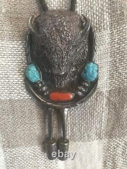 Large 92.6 Gram Old Vintage Navajo Turquoise/ Coral Bison Sterling Bolo Signed