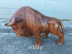 Large Buffalo Bison Wood Sculpture Hand Carved Oak 18 in Hand Crafted Brown #1