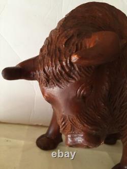 Large Buffalo Bison Wood Sculpture Hand Carved Oak 18 in Hand Crafted Brown #1
