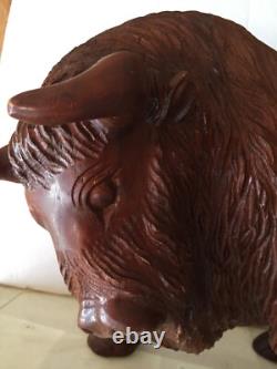 Large Buffalo Bison Wood Sculpture Hand Carved Oak 18 in Hand Crafted Brown #1
