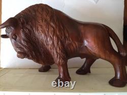 Large Buffalo Bison Wood Sculpture Hand Carved Oak 18 in Hand Crafted Brown #1